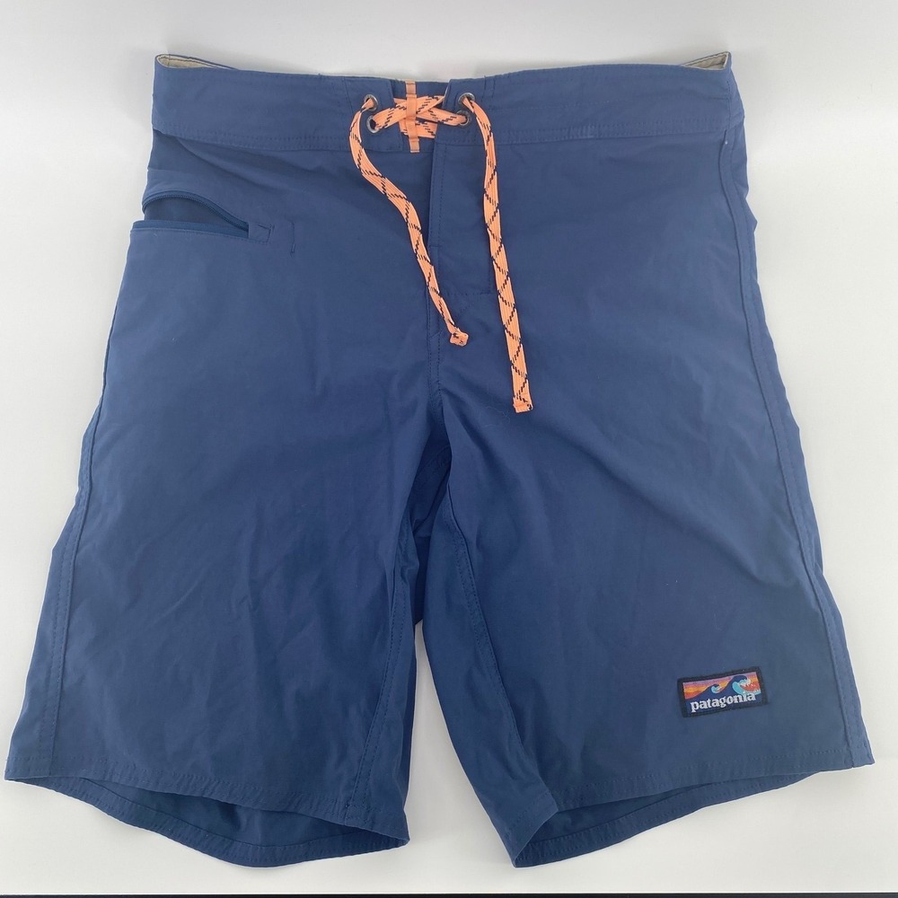 Patagonia Mens Blue Board Shorts Size 30 Swim Trunks Wave Logo Stretch 8.5 In